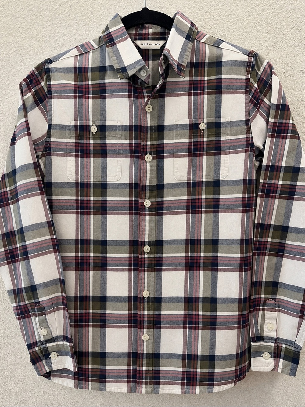 Janie and Jack Boys 14 Plaid Button-Down Shirt with Burgundy Navy and Olive